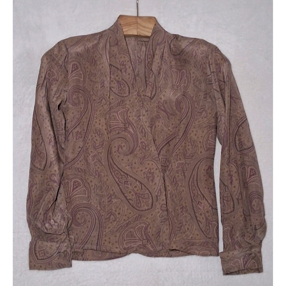 CALVIN KLEIN COLLECTION Vintage 90's Brown Purple Paisley Silk Top Faux Wrap